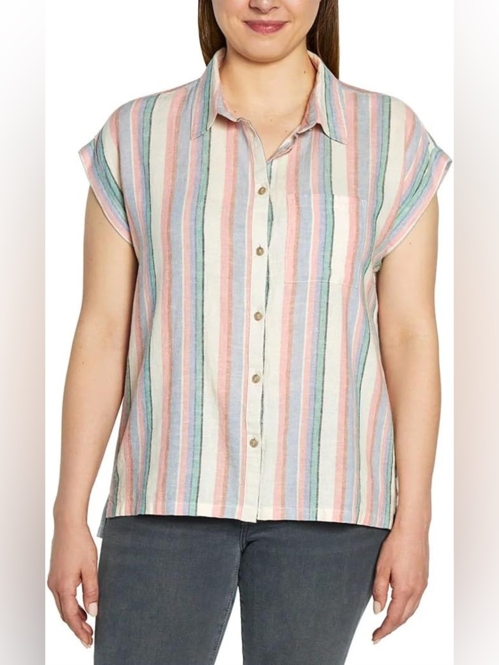 Orvis‎ Linen Blend Striped Button Down Short Sleeve Shirt